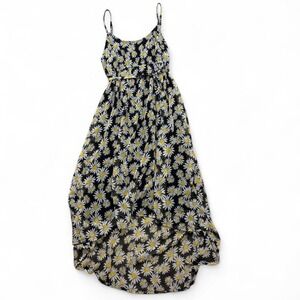 Maternity black daisy high-low maxi dress, elastic empire waist with tie size M